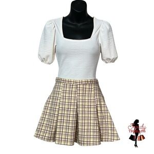 SO Juniors XS 1 Yellow Brown Plaid High Rise Pleated Flare Mini Skirt Boho Twee